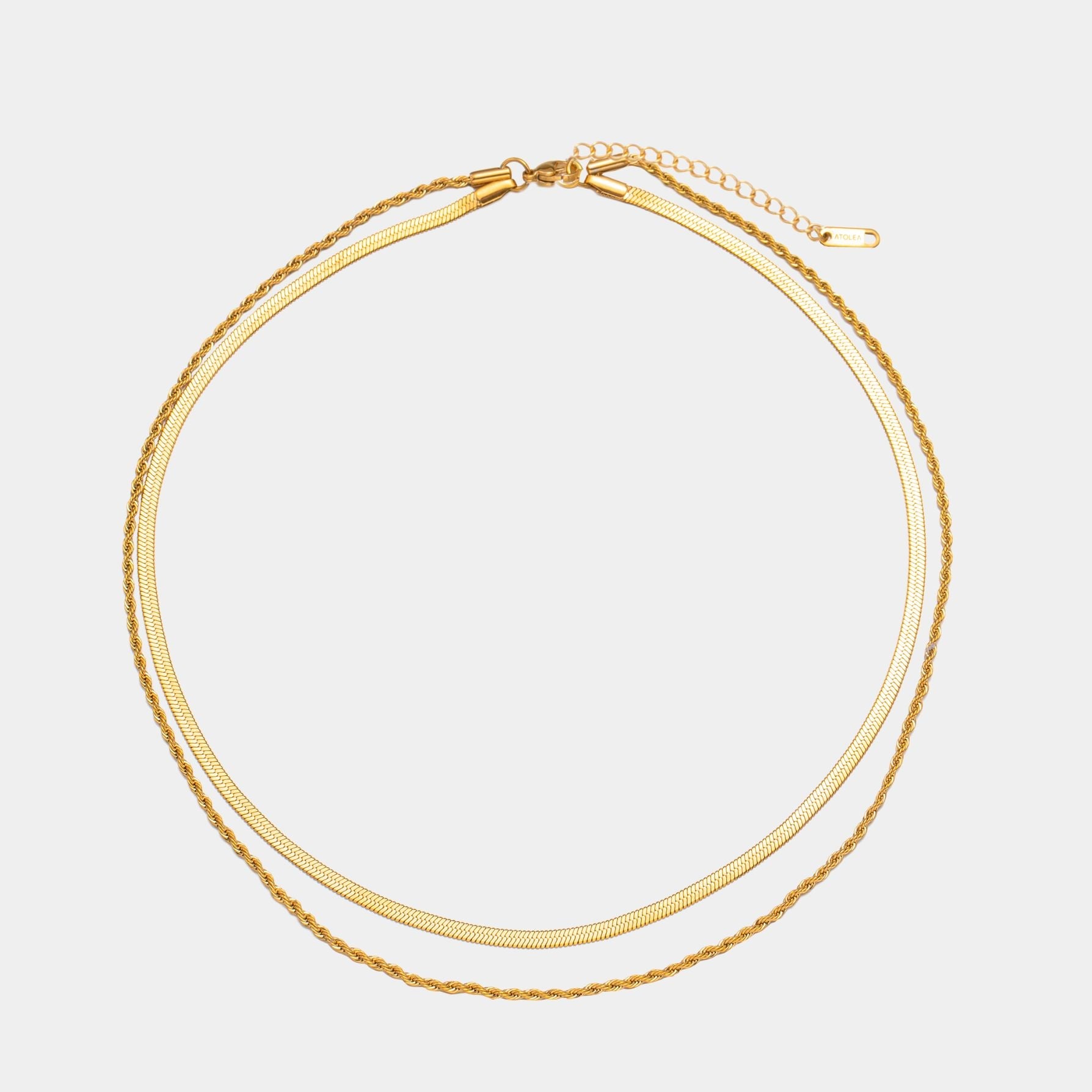 Elegant 18K gold-plated layered necklace with a herringbone choker and a delicate rope chain. Waterproof, sweatproof, and hypoallergenic for effortless elegance.